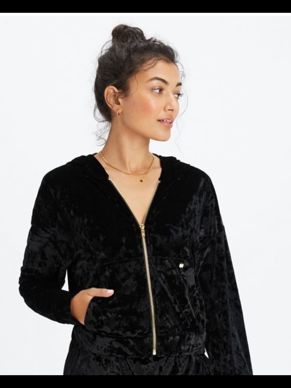 Fabletics Black Velvet ZIP HOODIE with Gold Zipper